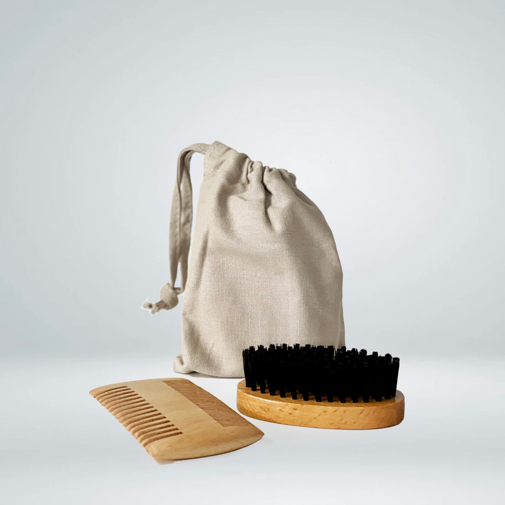 Wooden Beard Brush + Comb with Storage Bag